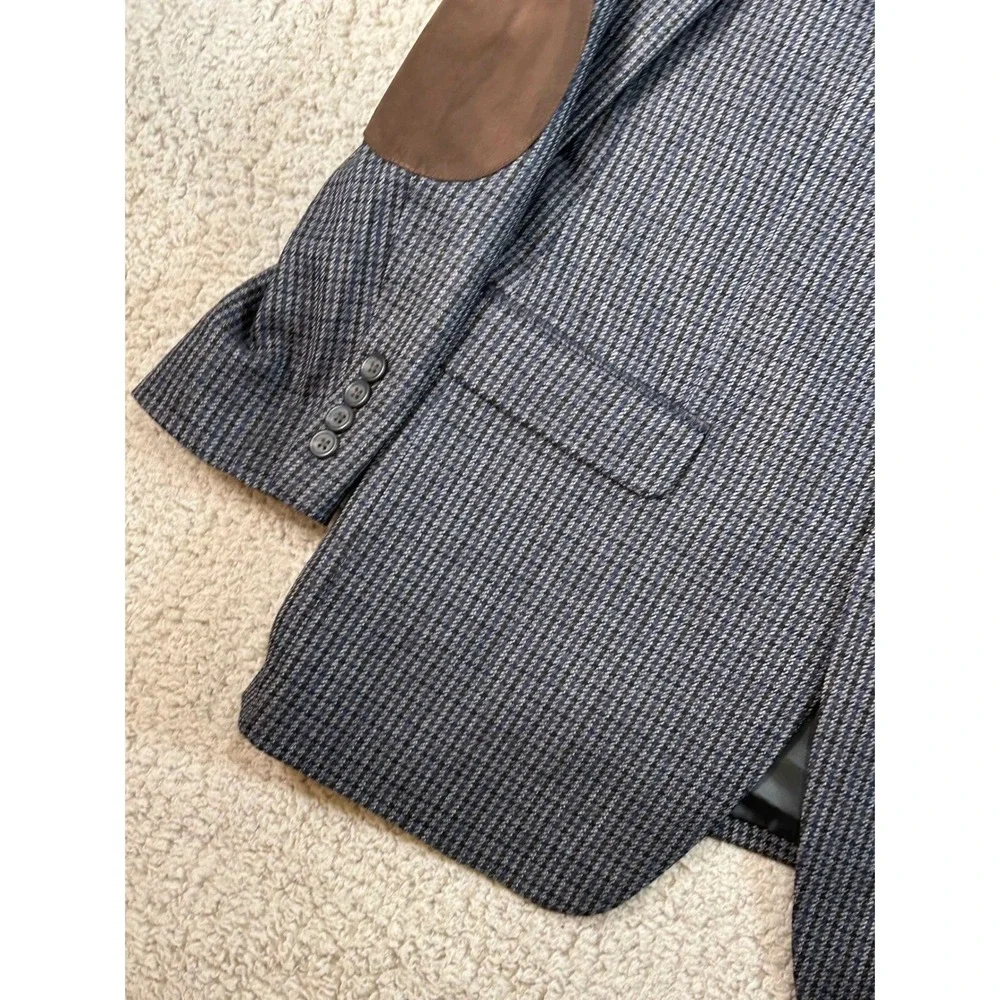 Chaps Mens 40R‎ Wool Blazer Sport Coat Blue Houndstooth Elbow Patches 100% Wool